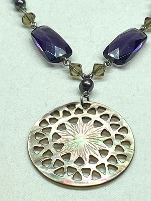 Lia Sophia Bastille Necklace Mother of Pearl Pendant Etched Flower Faceted Cryst - Image 1 of 4