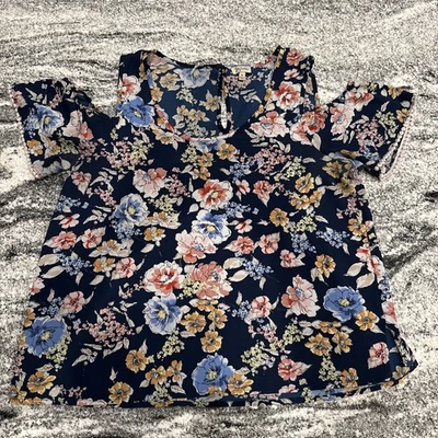 Lily White Women's Blouse Size XL Blue Floral Cold Shoulder Tassel - Image 1 of 4