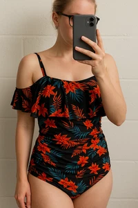 Tropical Floral Off Shoulder Swimsuit | Black with Orange & Teal Print | Size M - Picture 1 of 7
