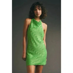 Amanda Uprichard Kimball Minikleid hochgeschlossen Neckholder wellig Wasserfall grün Small - Bild 1 von 15