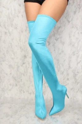 СОВЕРШЕННО новый бирюзовый синий эластичной атлас бедра ботинки вечеринки клуб размер 8,5 - Изображение 1 из 4
