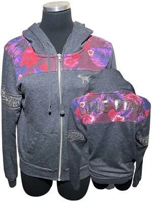 Victoria’s Secret Love Rosa Sudadera con Capucha Cremallera Floral Lentejuelas Perro Brillante Gris Ligero Foto 1 de 4