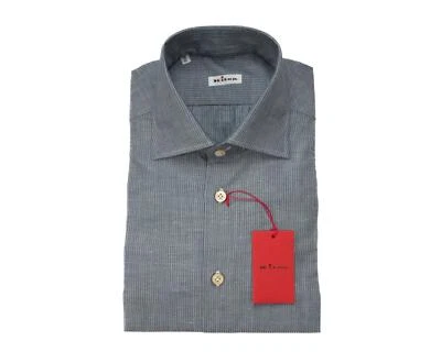 Kiton $1,195 новый с Ярлыками синий серый в полоску хлопок льняное платье рубашка (43 ЕС) 17 США - Изображение 1 из 4