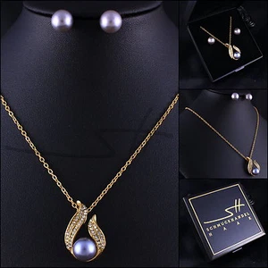 Schmuckset Kette Ohrstecker *dunkle Perle* Gold im Etui, Geschenk zu Muttertag - Bild 1 von 8