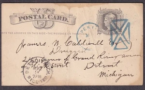 1876 Postkarte W M Richardson Peoria IL blau 4 Dreiecke gestempelt nach Detroit MI - Bild 1 von 2