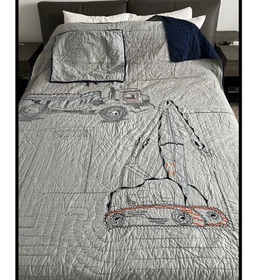 Pottery Barn Kids Construction Trucks Vehicles Quilt Gray Blue Cotton Twin Size - Image 1 of 4