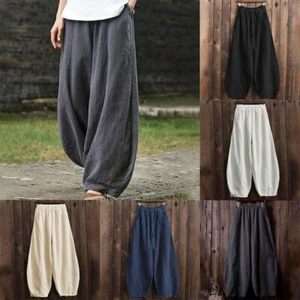 Women Cotton Linen Boho Elastic Waist Long Trousers Loose Harem Pants Plus Size - Picture 1 of 13