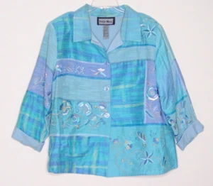 Indigo Moon wms 1X jacket blues embroidery button front 3/4 sleeves lined BOHO - Picture 1 of 5
