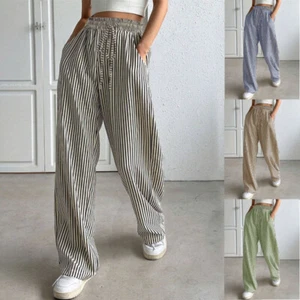 UK Womens Summer Striped Pants Ladies Elastic Waist Pockets Trousers Plus Size - Picture 1 of 10