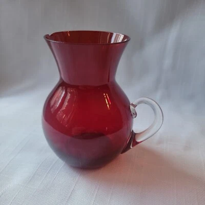 Vintage Tiny Ruby Red Glass Pitcher Clear Glass Handle & Tiny Spout - Image 1 of 4