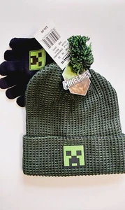 New MINECRAFT Kids Beanie Hat & Glove Set Green Gray Stripe Character Pom Pom - Picture 1 of 3