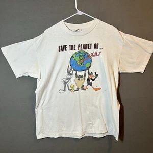 VTG Looney Tunes Hard Rock T Adult XL White Single Stitch Save The Planet - Picture 1 of 18