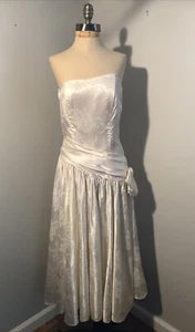 Vintage 80s Zum Zum Ivory Floral Satin Strapless Prom Party Dress Full Skirt XS - Picture 1 of 18