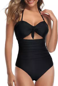 Women Sexy Cutout One Piece Swimsuits Tummy Control High Waisted Halter Front Ti - Picture 1 of 12