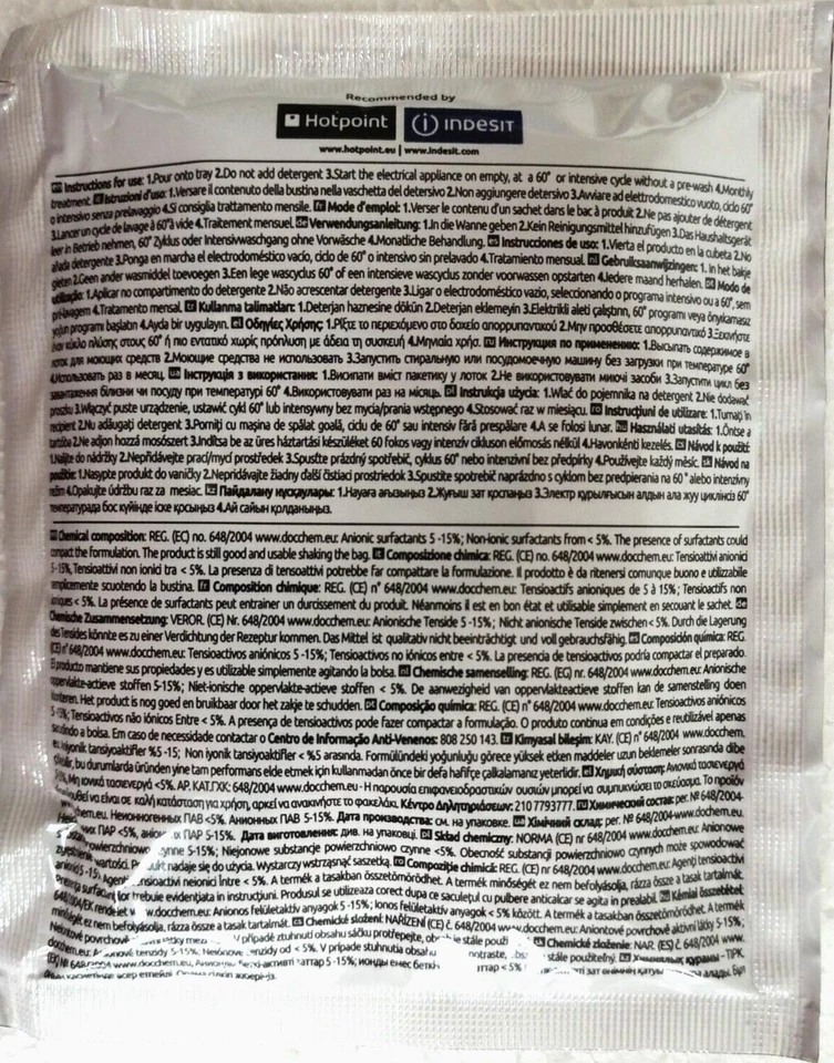 HOTPOINT INDESIT BUSTINA 50gr 3 IN 1 DISINCROSTANTE SGRASSANTE, IGENIZZA LAVATRICE LAVASTOVIGLIE