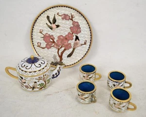 Tea Set Chinese Miniature Cloisonne 4 Cups Tray Teapot Flowers Birds - Picture 1 of 9