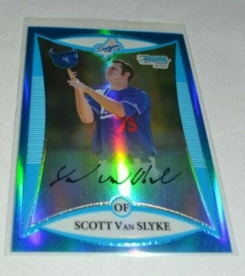 2008 BOWMAN CHROME - RC SCOTT VAN SLYKE OF DODGERS BCP58 BLUE REFRACTOR 001/150 - Image 1 of 3