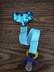 Shiny Teal Heart Ribbon Pacifier holder clip strap, binky, paci leash-Handmade - Picture 1 of 2