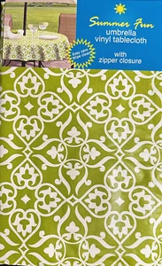 Fleur De Lis Vinyl Tablecloths Umbrella Hole w/Zipper 52 x 70 Green/White - Picture 1 of 2