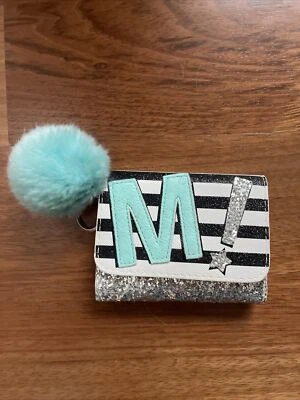 Girls Justice Initial Monogram M Wallet Silver Glitter Sparkle Blue PomPom EUC - Image 1 of 4