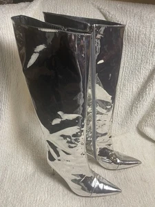 Metallic Mirror Synthetik Silber Kniehoher Absatz Stiefel Gr.13,5 - Bild 1 von 10
