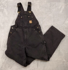 Carhartt Bib Overalls Mens 38x30 Black Sandstone Duck Quilt Lined Zip Thigh R27 - Picture 1 of 15