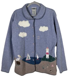 VTG 90s Coastal Grandma Lighthouse Fleece Jacket Nautical M/M Beach Sailboat - Picture 1 of 8