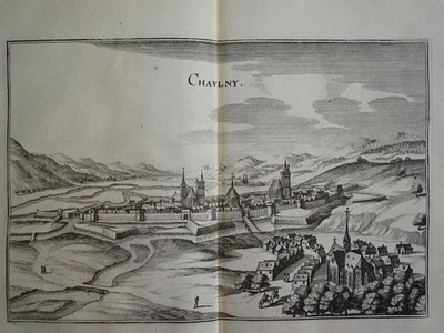 Chauny Aisne Gesamtansicht Kirche Topographia Galliae EA Merian Kupferstich 1655 - Bild 1 von 3