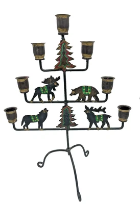 Candelabro cónico de colección pintado a mano cabaña arte popular 7 animales de vida silvestre Foto 1 de 4