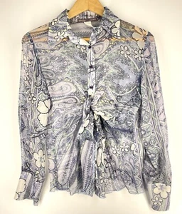 Hale Bob Bluse Oberteil geblümt Damen Größe M transparent Langarm einzigartig vorne zum Binden blau - Bild 1 von 10