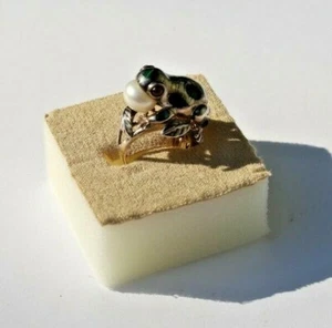 Sterling Silver Frog Ring with Malachite Spots Garnet Eyes and Pearl in Mouth - Picture 1 of 12