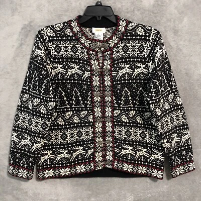 Talbots Womens Cardigan Jacket Medium Petites Christmas Scandivian Black Clasp - Image 1 of 4