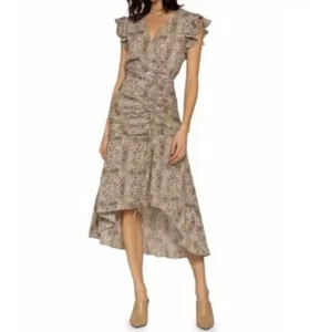 Walter Baker Snake Print Kellie V-neck Ruffle Flutter Ruched Hi Low Midi Dress 2 - Picture 1 of 8