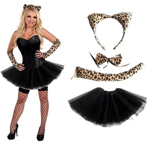 Ladies Leopard Wild Cat Tutu Costume Skirt Gloves Halloween Fancy Dress - Picture 1 of 7
