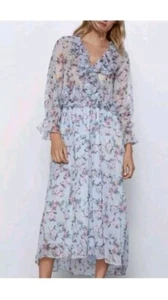 Zara Size S Floral Midi Dress Pastel Chiffon Semi Sheer Cottagecore Pretty - Picture 1 of 10