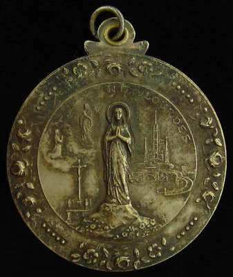 Старинный Mary медаль подвеска Лурд слайдер святой католический раздвижной компактное зеркало - Изображение 1 из 4