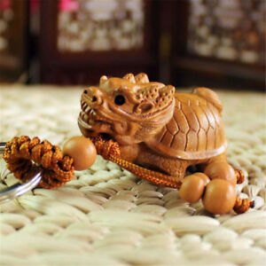 Dragon Turtle Statue Wood 3D Carving Chinese Wealth Sculpture Pendant Key Chain