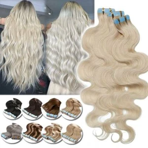 Super 60 Stück Remy Skin Wefts Tape in Echthaar Extensions wellig dick blond - Bild 1 von 53