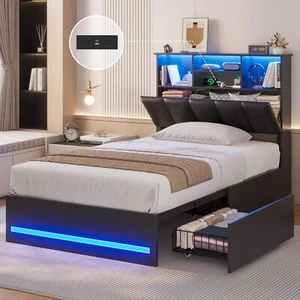 Twin Bed Frame with 4 Drawers Modern Black LED Bed w/Stylish Bookcase Headboard - Picture 1 of 8