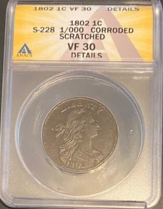 1802 S-228 1/000 Draped Bust Large Cent ANACS VF 30 DETAILS CORRODED SCRATCHED - Picture 1 of 2