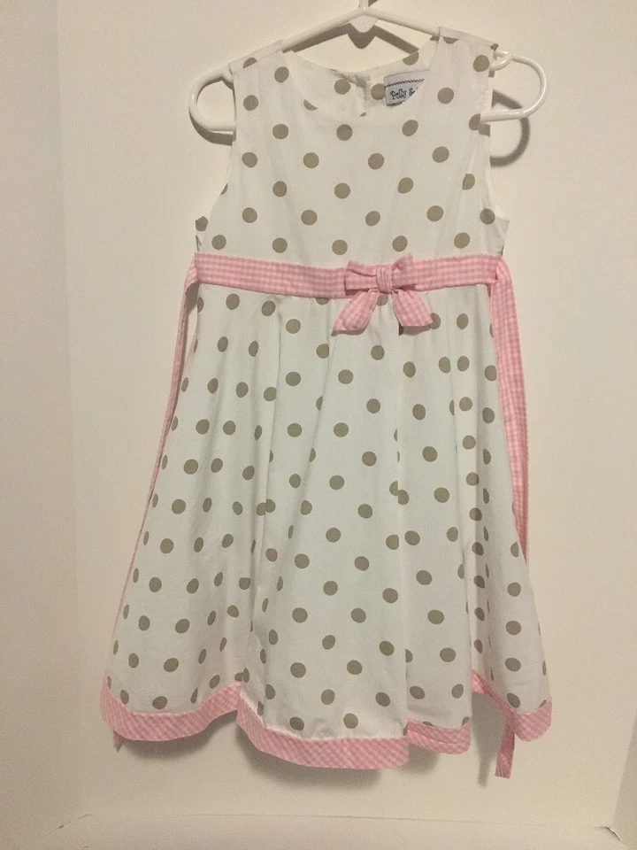 Vestido sin mangas 4 T blanco con lunares tostados y corbata de guinga rosa para niñas Foto 1 de 1
