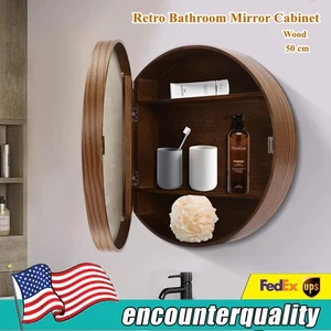 Round Medicine Bathroom Mirror Cabinet Wood Framed Walnut Wall Mounted 20"x20" - Picture 1 of 16