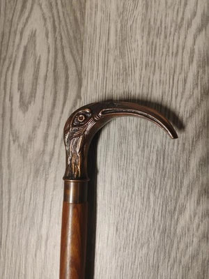Vintage Solid Copper + Brass Bird Handle Cane Handmade Carved Wood 3pc Screw - Image 1 of 4
