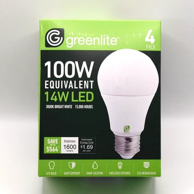 Greenlite A19 LED Bulbs 4-Pack 100W Eq 14W 3000K Shatterproof E26 Medium Base - Image 1 of 4