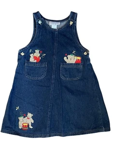 Vintage 80s Samara Denim Jean Dress Girls Size 4 Jumper Bears Honey Pot School - Picture 1 of 11