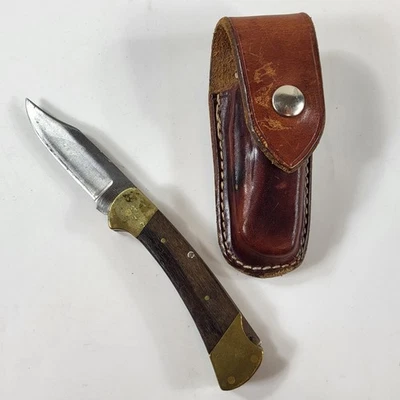 Vintage 1980s or Earlier Buck 112 Folding Knife w Leather Sheath No Dots Heavy - Image 1 of 4