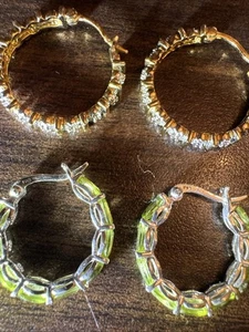 Lot Of 2 Earrings, sterling Silver 925 Gold Tone Hoops, Silver Peridot Hoops - Picture 1 of 12