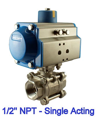 1/2" Inch Pneumatic Air Actuated Stainless 3 Pieces Ball Valve Single Acting NC - Image 1 of 3