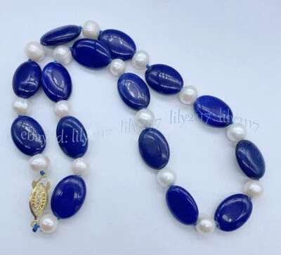 Colar de pérolas brancas 13x18mm contas ovais de jade azul escuro 7-8mm 14-48"" - Imagem 1 de 4
