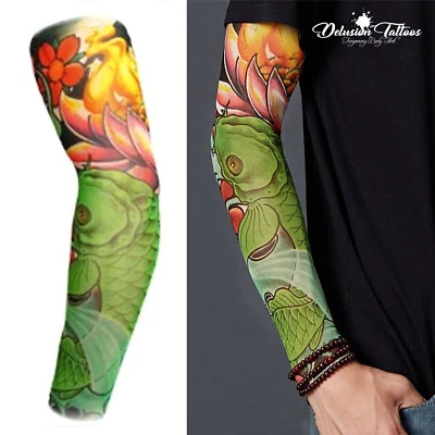 DELUSION TATTOOS Tattoo Sleeve Nylon Temporär Arm Strumpf Koi Karpfen Lotus Blumen Herren Damen